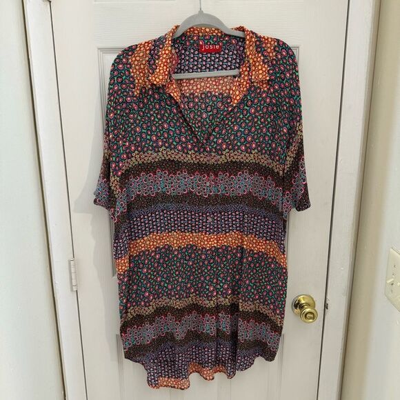 Josie Natori 100% Rayon Shirt Tunic Dress Size XL Colorful Floral Artsy Buttons - Picture 1 of 8